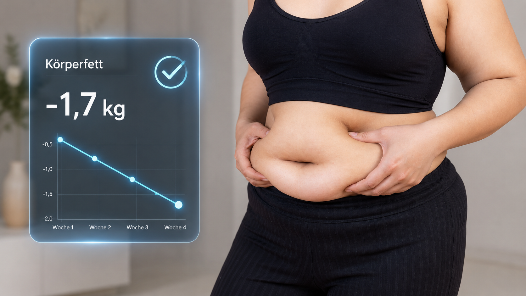 Person greift Bauchfett, daneben zeigt eine digitale Grafik eine Körperfettreduktion von 1,7 kg.